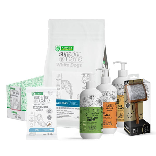 Visų dydžių ir amžiaus baltakailių šunų produktų rinkinys