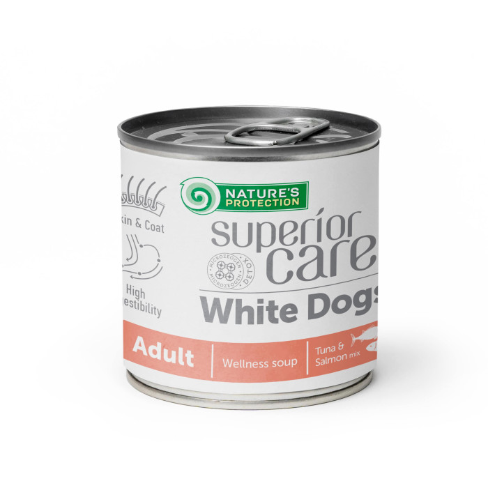 NATURE'S PROTECTION SUPERIOR CARE White Dogs suaugusių visų veislių baltakailių šunų pašaro papildas - sriuba su lašiša ir tunu 