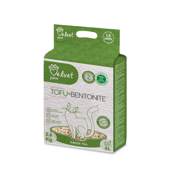 VELVET PAW TOFU kačių kraikas maišytas su bentonitu ir žaliosios arbatos ekstraktu 