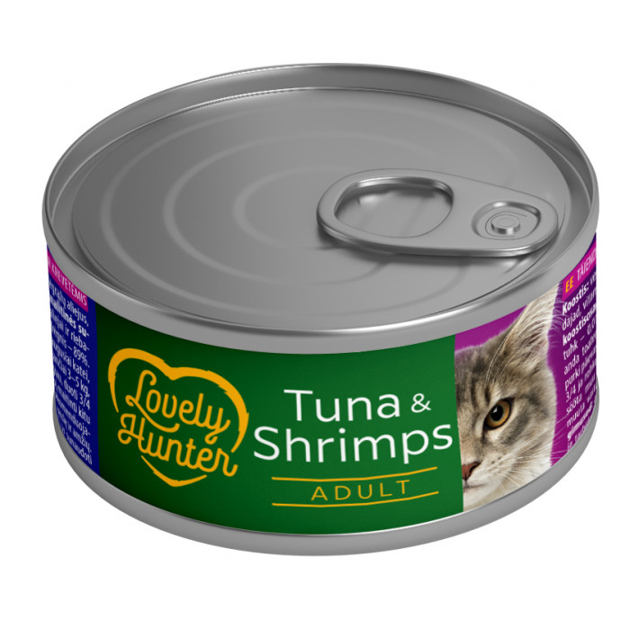 LOVELY HUNTER suaugusių kačių konservuotas pašaras su tunu ir krevetėmis 