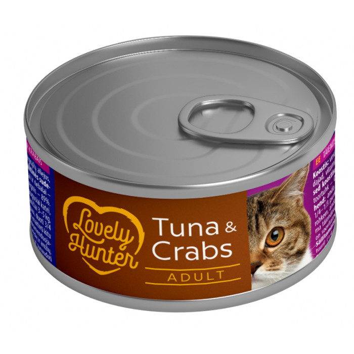 LOVELY HUNTER suaugusių kačių konservuotas pašaras su tunu ir krabais 