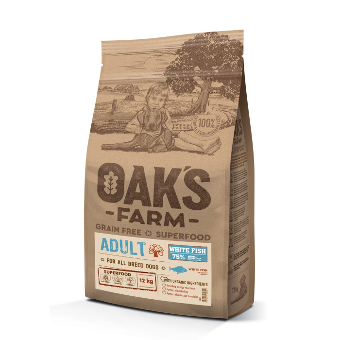 OAK'S FARM suaugusių visų veislių šunų sausas begrūdis pašaras su balta žuvimi 