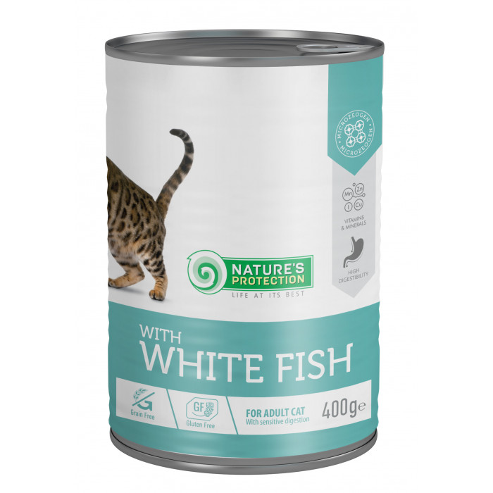 NATURE'S PROTECTION suaugusių kačių konservuotas pašaras su balta žuvimi 