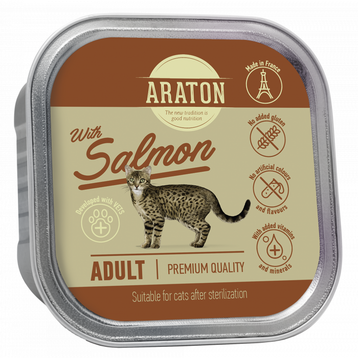 ARATON suaugusių kačių  konservuotas pašaras su lašiša 