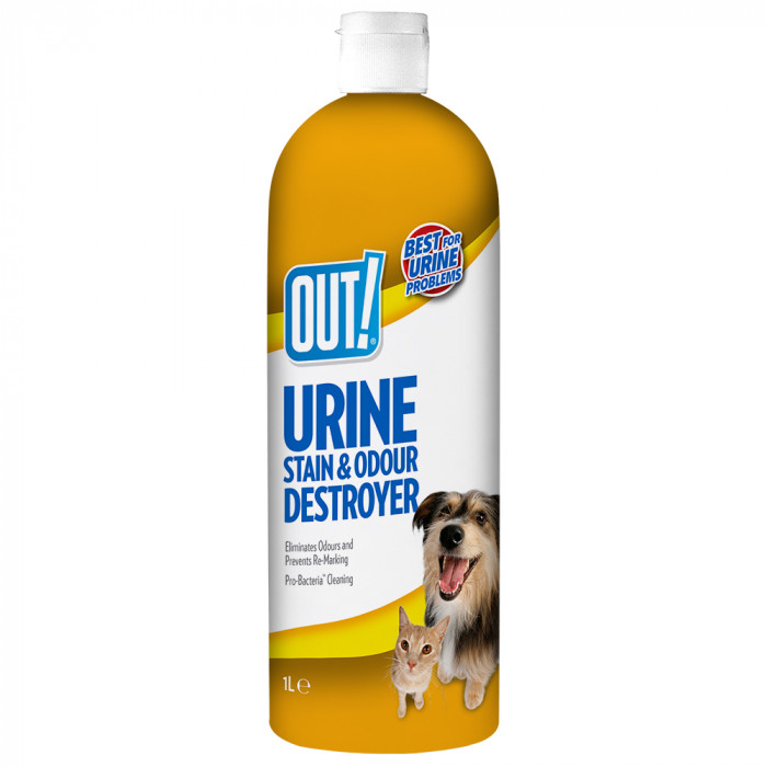 OUT! OUT Dog Urine stain&odour destroyer 1000 ml, priemonė gyvūnų šlapimo kvapui ir dėmėms naikinti 
