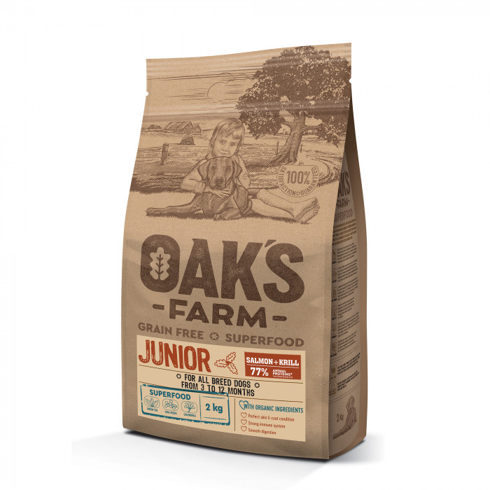 OAK'S FARM Grain Free Salmon with Krill Junior All Breed Dogs  sausas pašaras jauniems visų veislių šunims su lašiša 