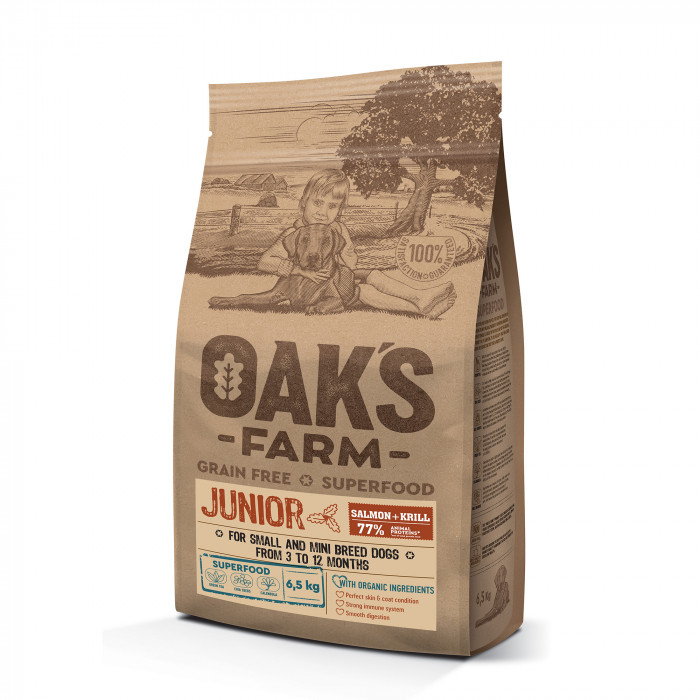 OAK'S FARM Grain Free Salmon with Krill Junior Small and Mini Breed Dogs sausas pašaras jauniems mažų veislių šunims su lašiša  