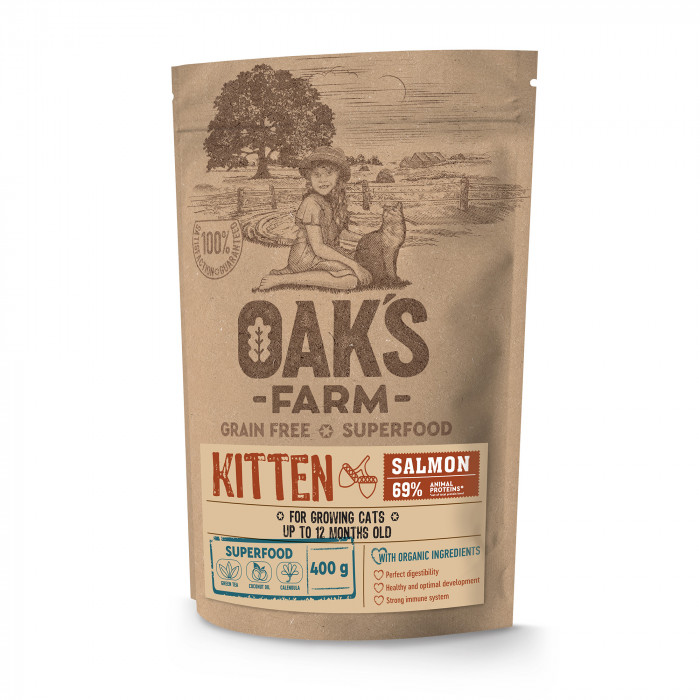 OAK'S FARM Grain Free Salmon Kitten  sausas pašaras kačiukams su lašiša 