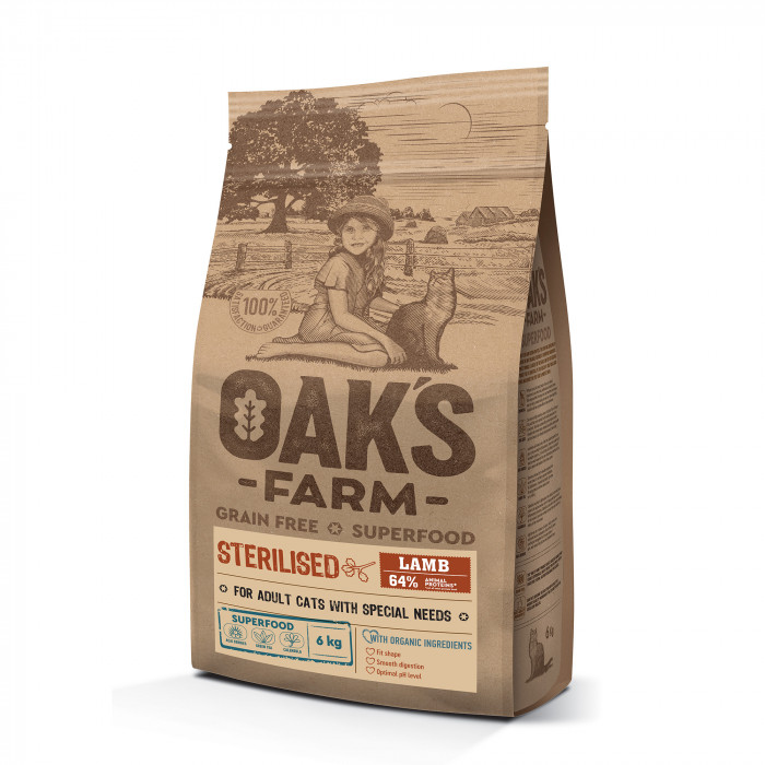 OAK'S FARM suaugusių sterilizuotų kačių sausas begrūdis pašaras su ėriena 