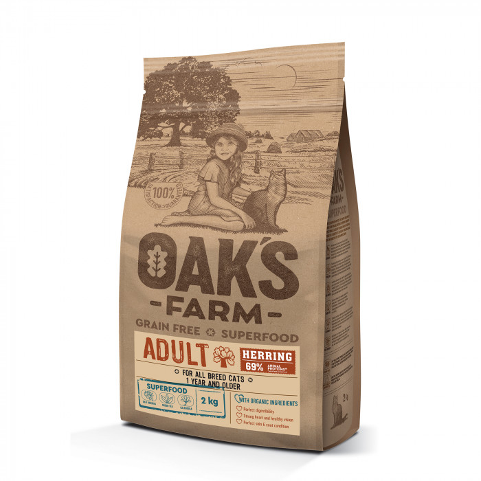 OAK'S FARM suaugusių kačių sausas begrūdis pašaras su silke 