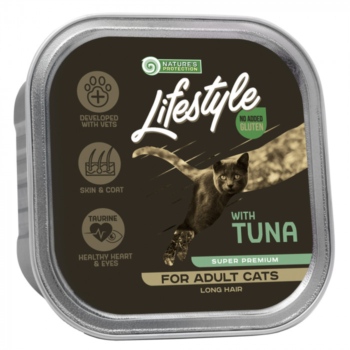 NATURE'S PROTECTION LIFESTYLE ilgaplaukių suaugusių kačių konservuotas pašaras su tunu 