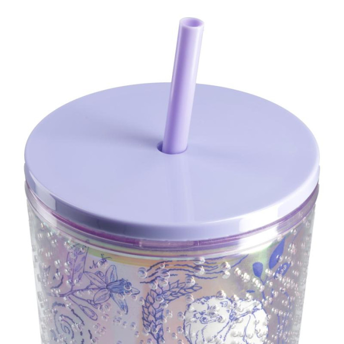 TAURO PRO LINE plastikinė gertuvė su dangteliu ir šiaudeliu, unikalus raštas, rožinė su violetinės spalvos detalėmis 