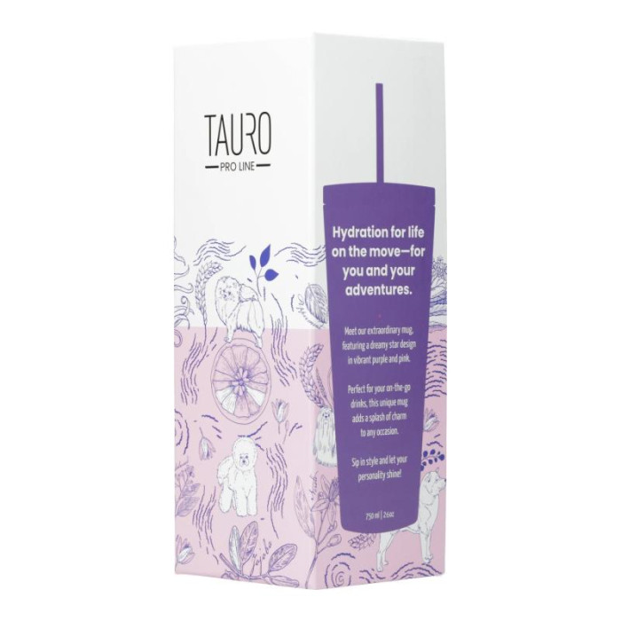 TAURO PRO LINE plastikinė gertuvė su dangteliu ir šiaudeliu, unikalus raštas, rožinė su violetinės spalvos detalėmis 