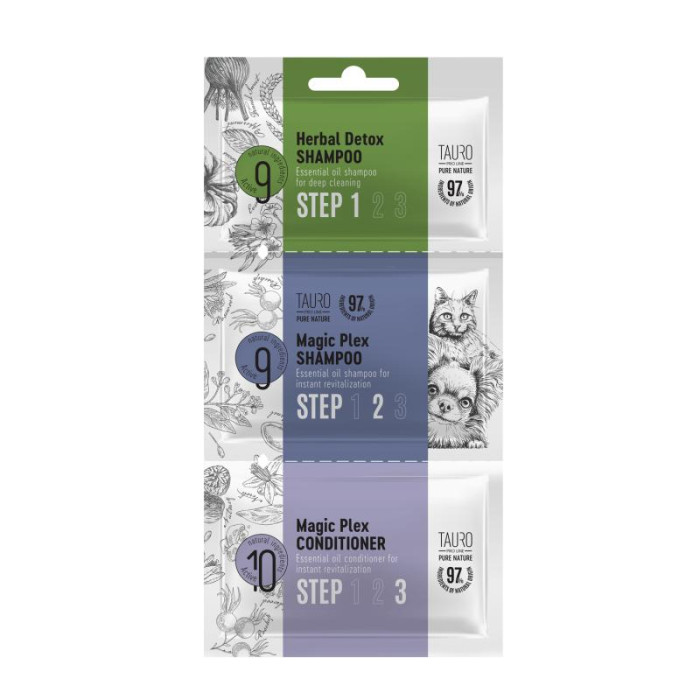 TAURO PRO LINE Pure Nature Herbal Detox + Fur Growth šunų ir kačių kailio šampūnų ir kondicionieriaus mėginukų rinkinys 