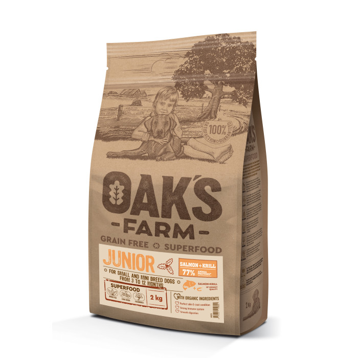 OAK'S FARM mažų ir labai mažų veislių jaunų šunų sausas begrūdis pašaras su lašiša ir kriliu   