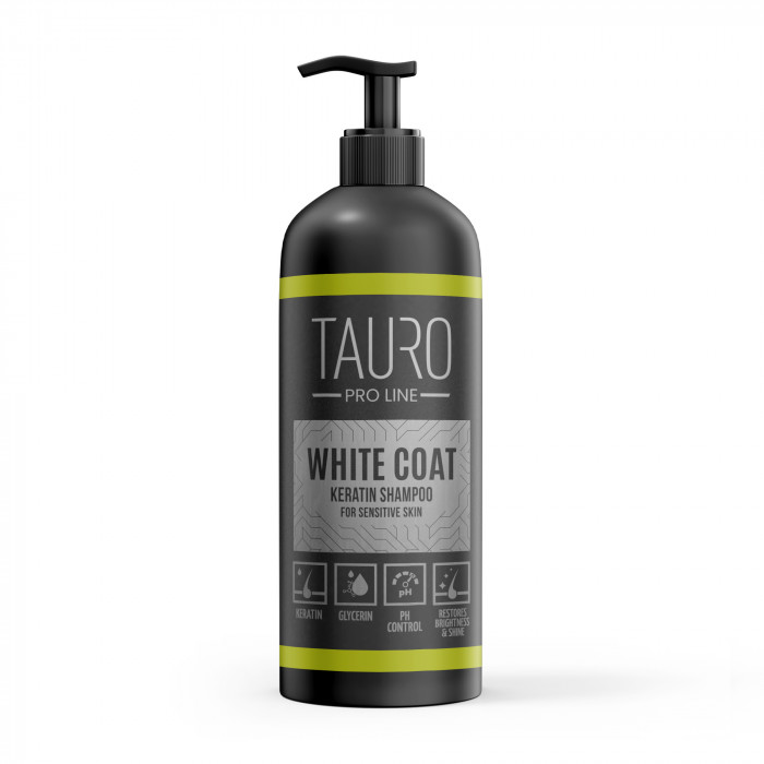 TAURO PRO LINE White coat, baltakailių šunų ir kačių šampūnas su keratinu 