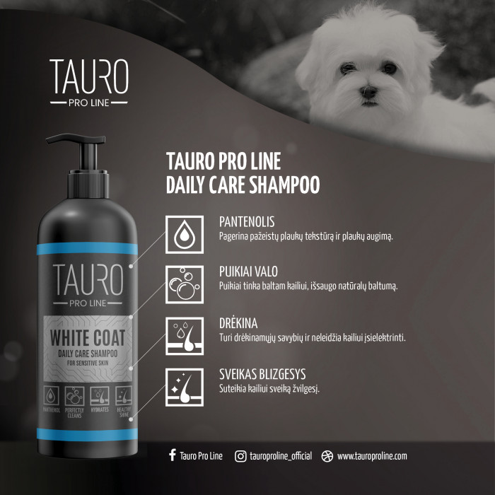 TAURO PRO LINE White Coat, baltakailių šunų ir kačių kasdienės kailio priežiūros šampūnas 