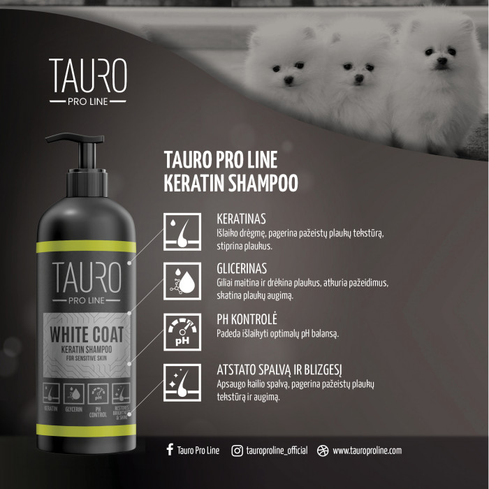 TAURO PRO LINE White coat, baltakailių šunų ir kačių šampūnas su keratinu 