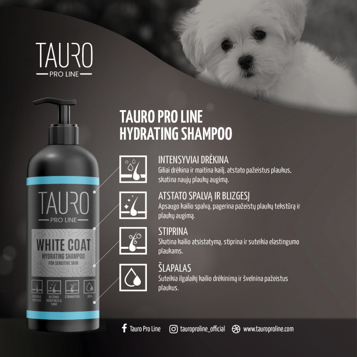 TAURO PRO LINE White Coat, baltakailių šunų ir kačių kailį drėkinantis šampūnas 