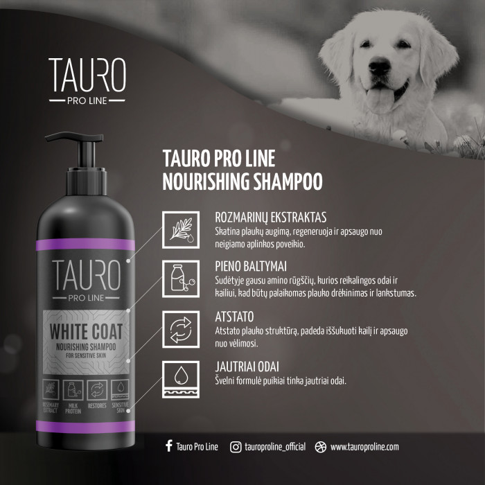 TAURO PRO LINE White Coat, baltakailių šunų ir kačių kailį maitinantis šampūnas 