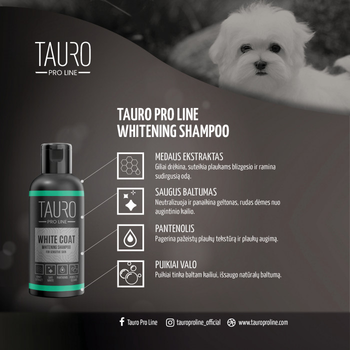 TAURO PRO LINE White Coat Whitening Shampoo, šampūnas šunims ir katėms 