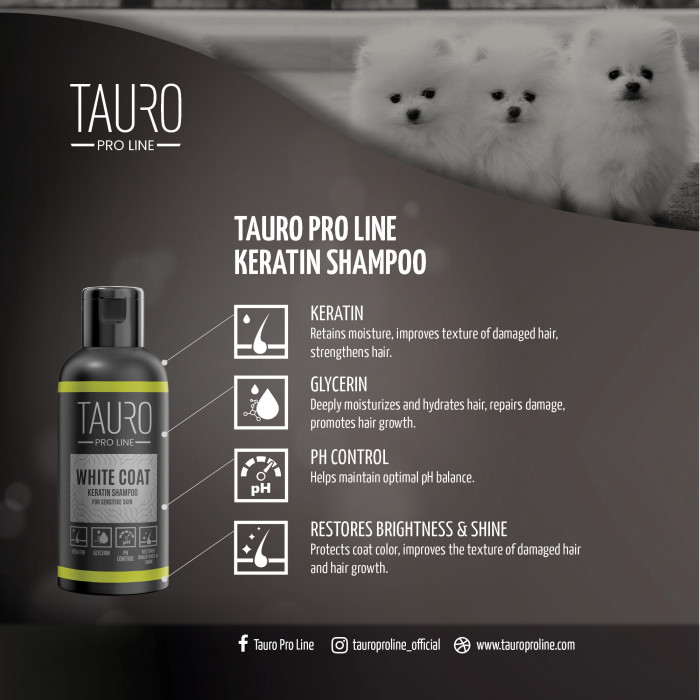 TAURO PRO LINE White Coat Keratin Shampoo, šampūnas šunims ir katėms 