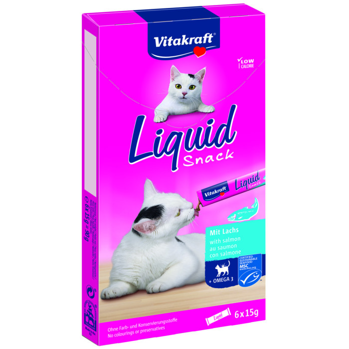 VITAKRAFT Liquid Snack kačių pašaro papildas - skanėstai su lašiša ir Omega 3 