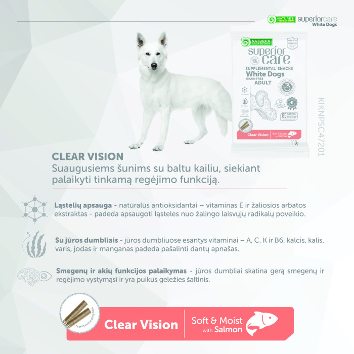 NATURE'S PROTECTION SUPERIOR CARE White Dogs Clear Vision begrūdis pašaro papildas-skanėstas balto ir šviesaus kailio suaugusiems šunims su lašiša 