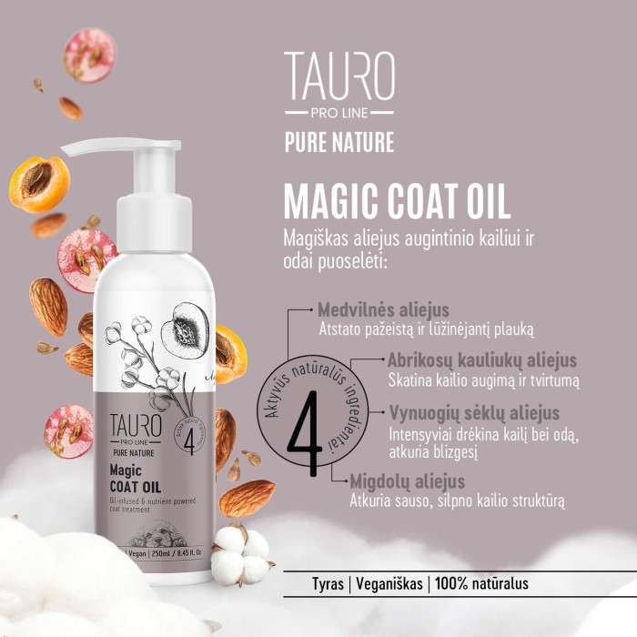 TAURO PRO LINE Pure Nature magic coat oil, kailio priežiūros aliejus šunims ir katėms 