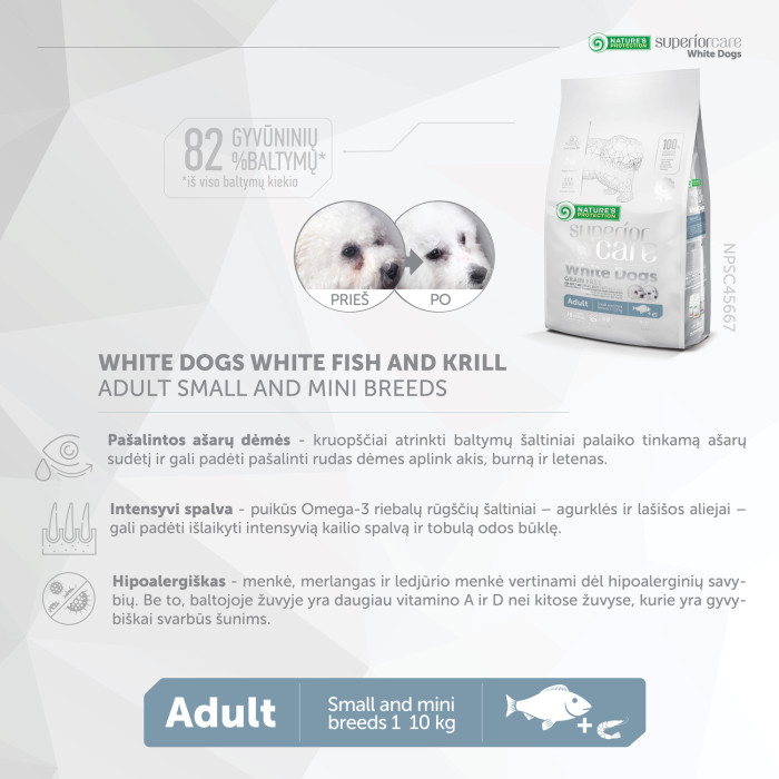 NATURE'S PROTECTION SUPERIOR CARE White Dogs Small & Mini Breeds Adult Grain Free White Fish Sausas pašaras šunims 