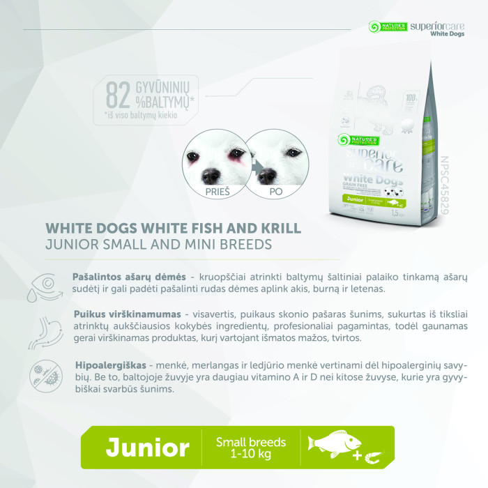 NATURE'S PROTECTION SUPERIOR CARE mažų ir labai mažų veislių balto kailio jaunų šunų sausas begrūdis pašaras su balta žuvimi 