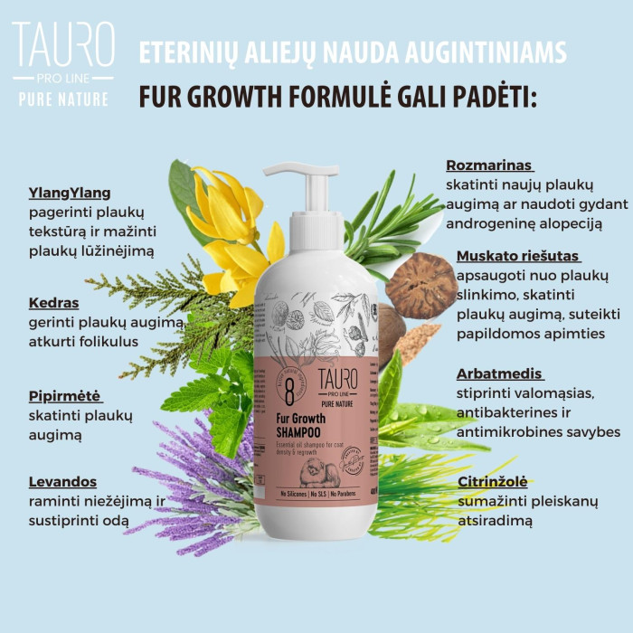 TAURO PRO LINE Pure Nature Fur Growth šunų ir kačių kailio augimą skatinantis šampūnas 