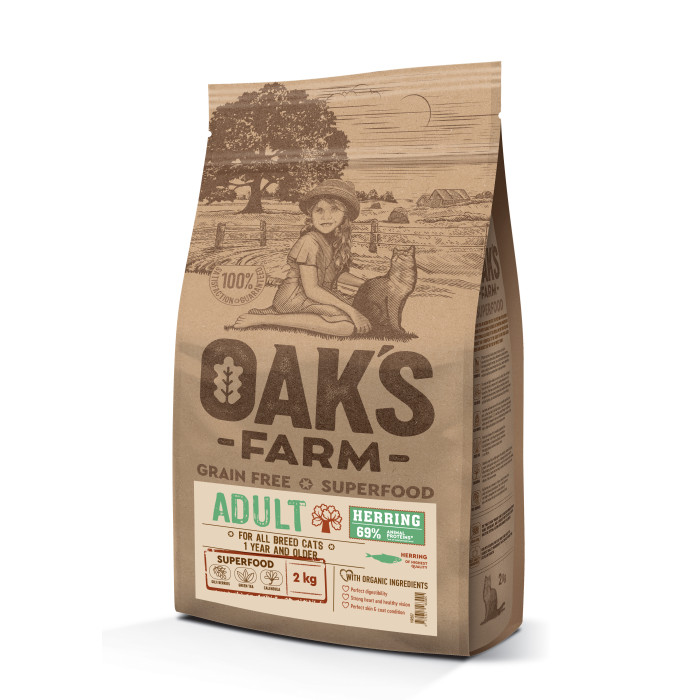 OAK'S FARM suaugusių kačių sausas begrūdis pašaras su silke 