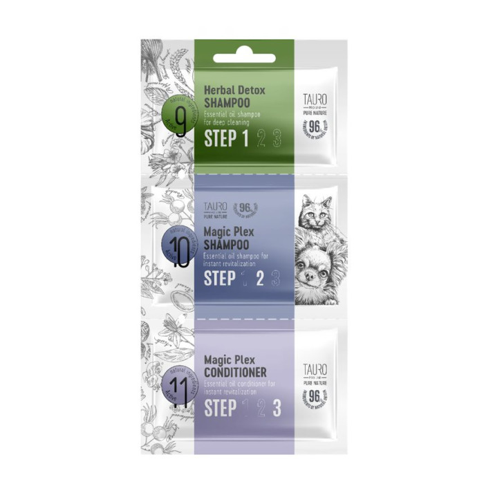 TAURO PRO LINE Pure Nature Herbal Detox + Magic-Plex, šunų ir kačių kailio šampūnų ir kondicionieriaus mėginukų rinkinys 