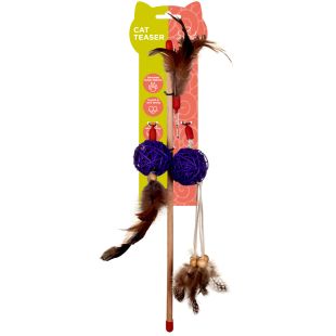 HIPPIE PET kačių žaislas meškerė su plunksnomis ir kamuoliukais, 40 cm