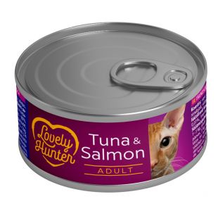 LOVELY HUNTER suaugusių kačių konservuotas pašaras su tunu ir lašiša 85 g