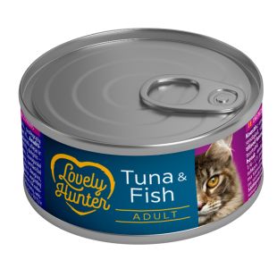 LOVELY HUNTER suaugusių kačių konservuotas pašaras su tunu ir žuvimi 85 g x 12