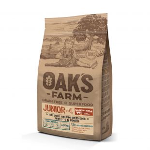OAK'S FARM mažų ir labai mažų veislių jaunų šunų sausas begrūdis pašaras su lašiša ir kriliu 6,5 kg