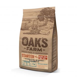 OAK'S FARM mažų ir labai mažų veislių junkomų šuniukų sausas begrūdis pašaras su lašiša ir kriliu   2 kg