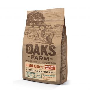 OAK'S FARM suaugusių sterilizuotų kačių sausas begrūdis pašaras su lašiša ir kriliu 6 kg
