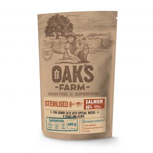 OAK'S FARM senstančių sterilizuotų kačių sausas begrūdis pašaras su lašiša 400 g