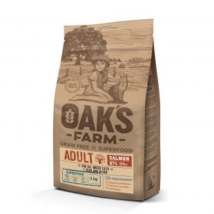 OAK'S FARM suaugusių kačių sausas begrūdis pašaras su lašiša 2 kg