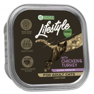 NATURE'S PROTECTION LIFESTYLE ilgaplaukių suaugusių kačių konservuotas pašaras su vištiena ir kalakutiena 85 g