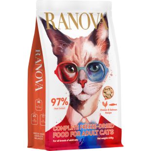 RANOVA suaugusių kačių sausas pašaras, liofilizuota vištiena ir lašiša 450 g