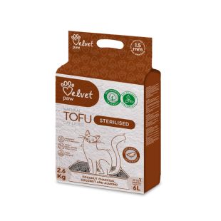 VELVET PAW TOFU sterilizuotų kačių kraikas, su kokoso anglimi, kokosų ir migdolų esencija 1,5 mm granulė, 2,6 kg / 6 l