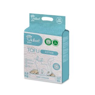 VELVET PAW TOFU kačiukų kraikas, su kūdikių pudros esencija 1,5 mm granulė, 2,6 kg / 6 l