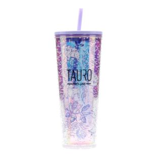 TAURO PRO LINE plastikinė gertuvė su dangteliu ir šiaudeliu, unikalus raštas, rožinė su violetinės spalvos detalėmis 750 ml