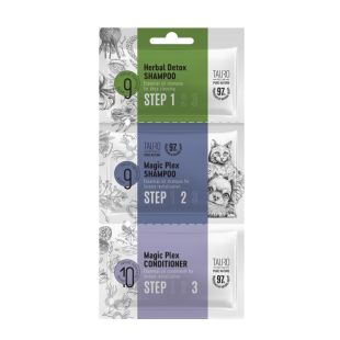 TAURO PRO LINE Pure Nature Herbal Detox + Fur Growth šunų ir kačių kailio šampūnų ir kondicionieriaus mėginukų rinkinys 1 x 6 ml, 1 x 8 ml, 1 x 4 ml