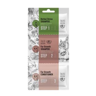 TAURO PRO LINE Pure Nature Herbal Detox + Fur Growth sample set for dogs and cats, šunų ir kačių kailio šampūnų ir kondicionieriaus mėginukų rinkinys 1 x 6 ml, 1 x 8 ml, 1 x 4 ml