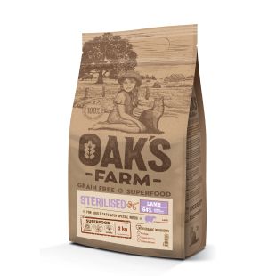 OAK'S FARM suaugusių sterilizuotų kačių sausas begrūdis pašaras su ėriena 2 kg